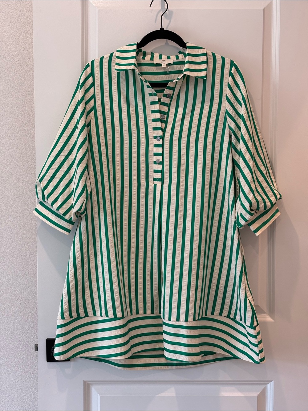 entro Green and White Striped High-Low Shirt Dress